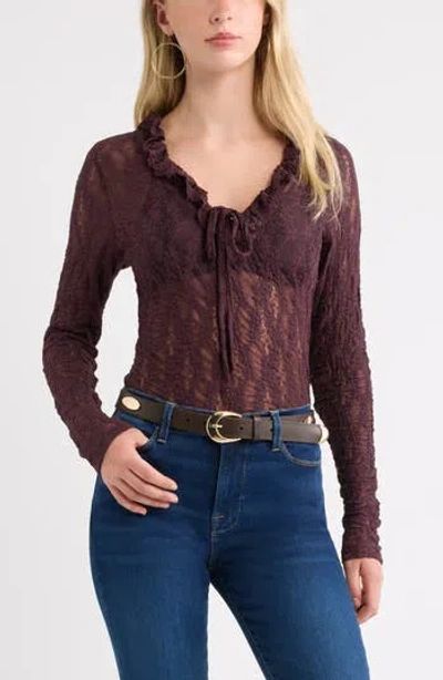 Treasure & Bond Ruffle Tie Neck Lace Top In Burgundy