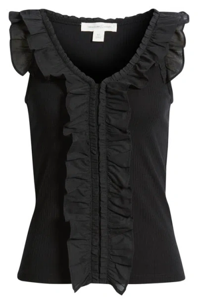 Treasure & Bond Ruffle Trim Cotton Blend Tank In Black