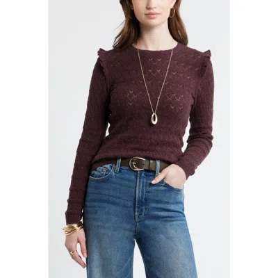 Treasure & Bond Ruffle Trim Pointelle Stitch Cotton Blend Sweater In Burgundy