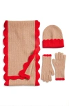 Treasure & Bond Scalloped Scarf, Beanie & Gloves Set In Brown