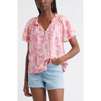 Treasure & Bond Shirred Botanical Print Linen Blend Top In Pink