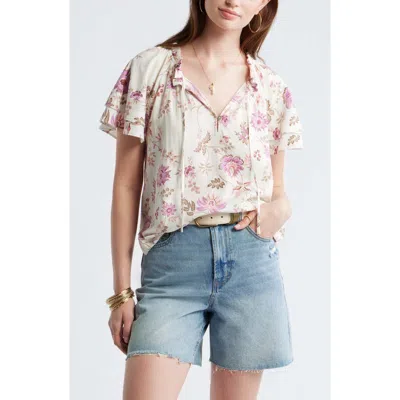 Treasure & Bond Shirred Botanical Print Linen Blend Top In Pink