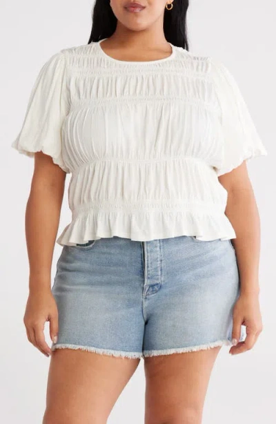Treasure & Bond Shirred Puff Sleeve Cotton Top In White
