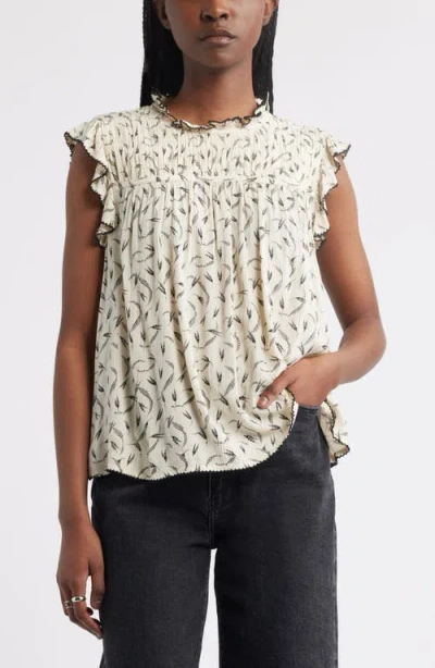 Treasure & Bond Shirred Ruffle Sleeve Top In White