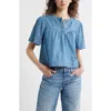 Treasure & Bond Shirred Short Sleeve Chambray Top In Blue