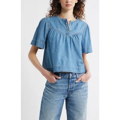 Treasure & Bond Shirred Short Sleeve Chambray Top In Blue