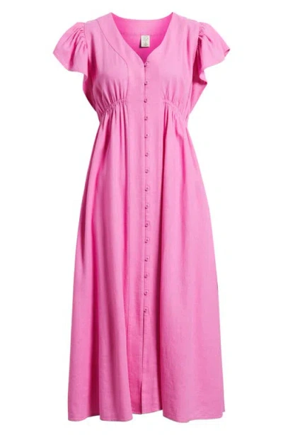 Treasure & Bond Short Sleeve Button Down Linen Blend Midi Dress