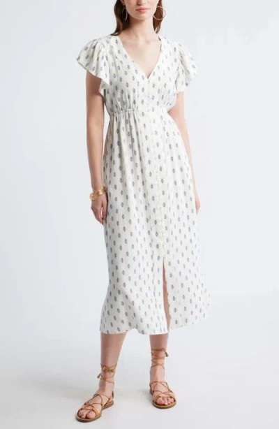 Treasure & Bond Short Sleeve Button Down Linen Blend Midi Dress In Ivory- Blue I Foulard Float
