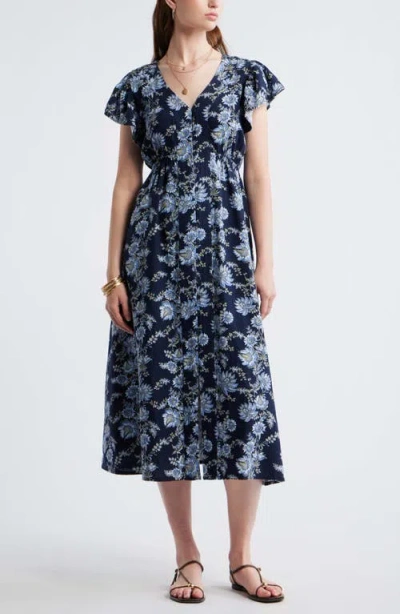 Treasure & Bond Short Sleeve Button Down Linen Blend Midi Dress In Navy Cottage Flr Stp