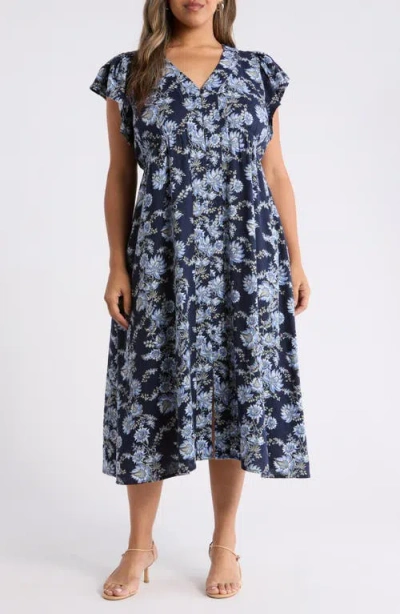 Treasure & Bond Short Sleeve Button Down Linen Blend Midi Dress In Navy Cottage Flr Stp