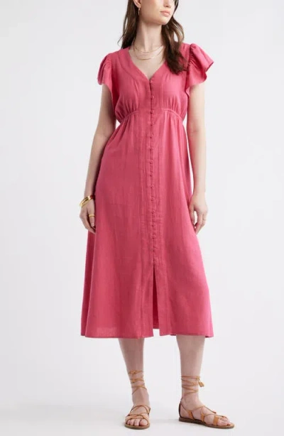 Treasure & Bond Short Sleeve Button Down Linen Blend Midi Dress In Pink