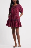 Treasure & Bond Short Sleeve Cotton Blend Tiered Minidress In Burgundy