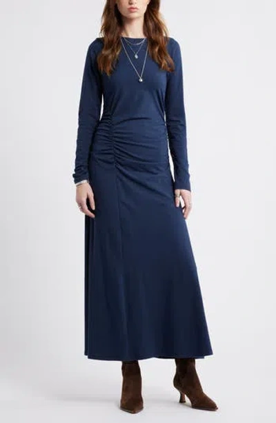 Treasure & Bond Side Ruched Long Sleeve Stretch Cotton Dress In Blue