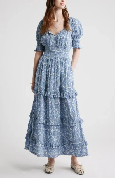 Treasure & Bond Smock Waist Ruffle Trim Tiered Maxi Dress In Blue