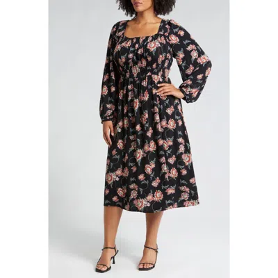 Treasure & Bond Smocked Bodice Long Sleeve Dress In Black Wander Floral
