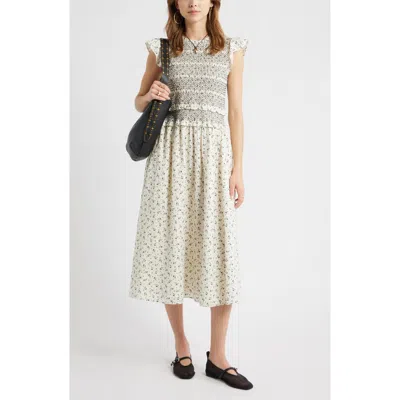 Treasure & Bond Smocked Bodice Tie Back Cotton Midi Dress In White