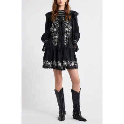 Treasure & Bond Smocked Embroidered Long Sleeve Minidress In Black