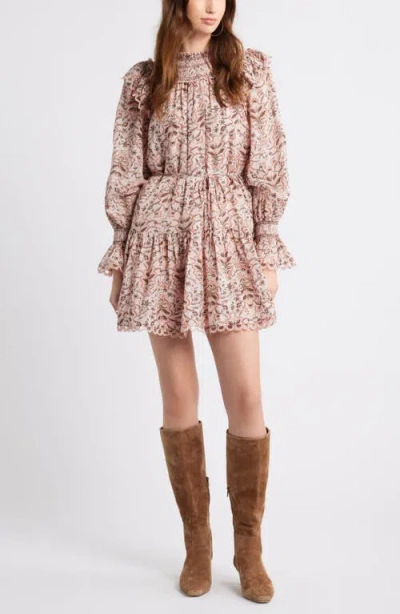 Treasure & Bond Smocked Lace Long Sleeve Minidress In Multi