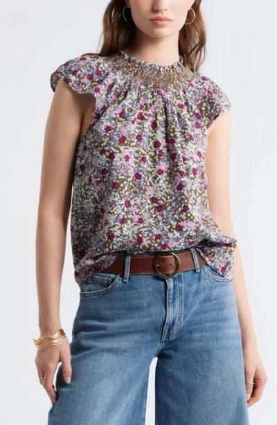 Treasure & Bond Smocked Neck Linen Blend Top In Multi