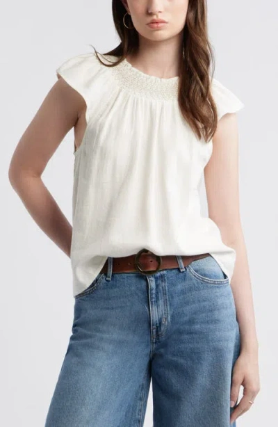 Treasure & Bond Smocked Neck Linen Blend Top In White