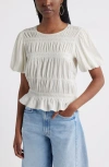 Treasure & Bond Smocked Puff Sleeve Top In White