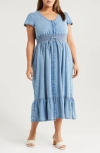 Treasure & Bond Smocked Waist Chambray Midi Dress In Light Wash