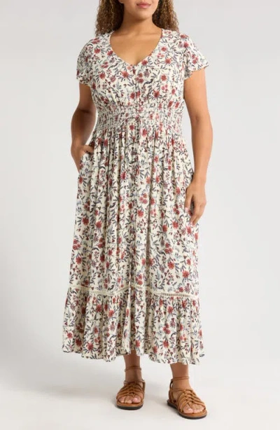 Treasure & Bond Smocked Waist Maxi Dress In Ivory- Pink Fleurette