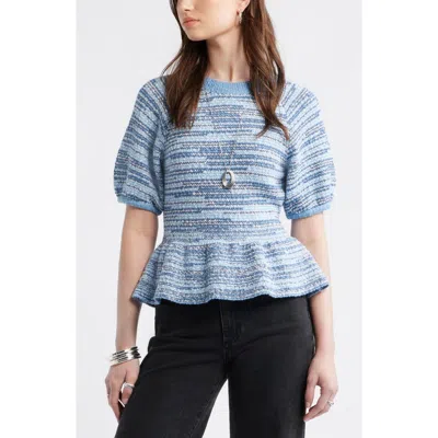 Treasure & Bond Space Dye Puff Sleeve Cotton Peplum Sweater In Blue