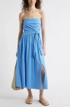 Treasure & Bond Strapless Tie Front Stretch Cotton Midi Sundress In Blue