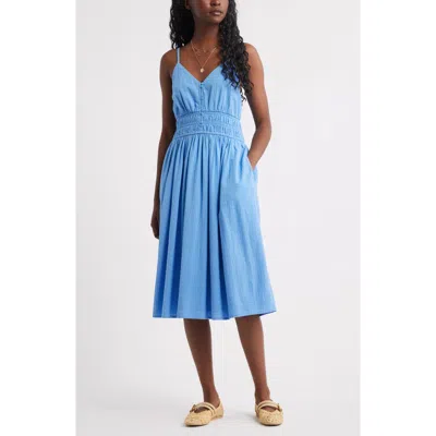 Treasure & Bond Strappy Smocked Gauze Midi Dress In Blue