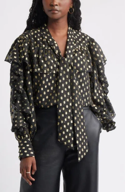 Treasure & Bond Tie Neck Metallic Chiffon Top In Black