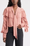 Treasure & Bond Tie Neck Ruffle Chiffon Top In Pink