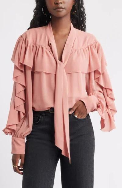 Treasure & Bond Tie Neck Ruffle Chiffon Top In Pink