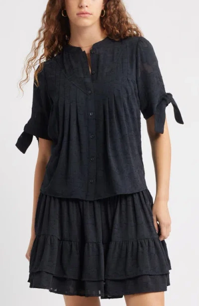 Treasure & Bond Tie Sleeve Jacquard Button-up Shirt In Black