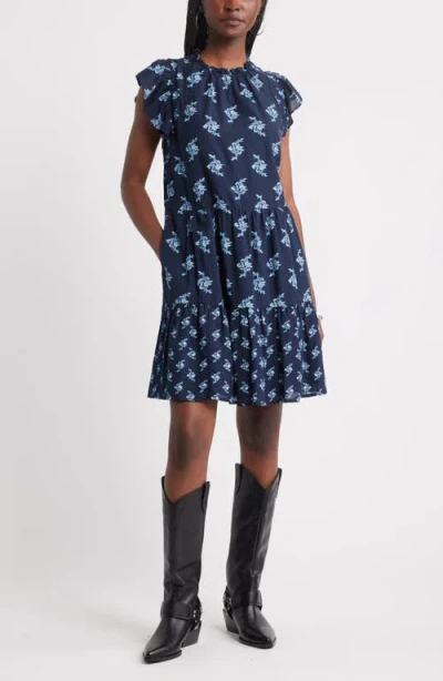 Treasure & Bond Tiered High Neck Shift Minidress In Blue