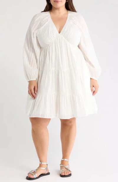 Treasure & Bond Tiered Long Sleeve Babydoll Dress In White