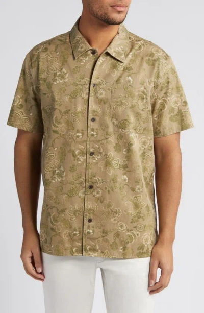 Treasure & Bond Trim Fit Floral Paisley Short Sleeve Button-up Shirt In Olive Mermaid Twisted Paisley