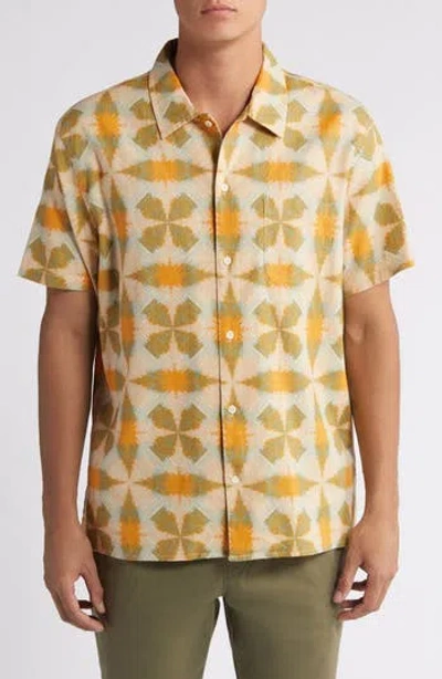 Treasure & Bond Trim Fit Geo Print Short Sleeve Linen & Cotton Button-up Shirt In Orange- Green Ikat Patchwork