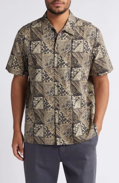 Treasure & Bond Trim Fit Patchwork Print Short Sleeve Button-up Shirt In Black- Tan Tapestry Patchwork