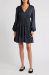 Treasure & Bond V-neck Long Sleeve Satin Minidress In Navy A- Black Abstract Fleur