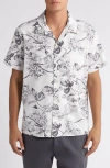 Treasure & Bond Woodcut Floral Linen & Cotton Camp Shirt In Ivory- Navy Woodcut Floral
