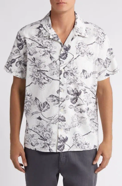 Treasure & Bond Woodcut Floral Linen & Cotton Camp Shirt In Ivory- Navy Woodcut Floral
