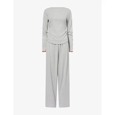 Treats Studio Womens Darkgrey-red Late Checkout Long-sleeve Cotton-blend Top And Trousers Set In Multi