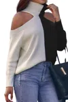 Trend Shop Cold-shoulder Two-tone Turtleneck Sweater In Black/white In Multi