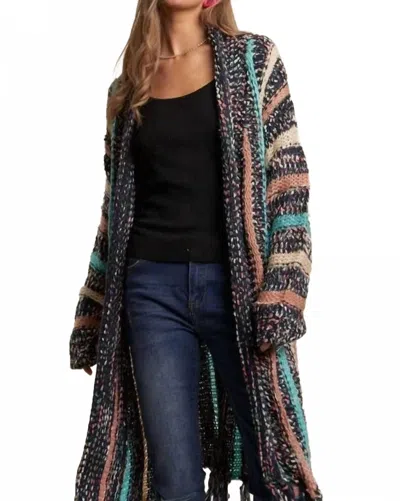 Trendsi Adora Multi Colour Sweater Long Cardigan With Fringes In Navy In Blue