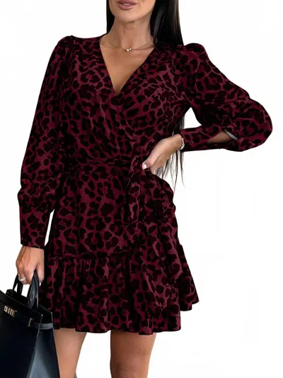 Trendsi Bohemian Sexy Tied Leopard Surplice Long Sleeve Dress In Burgundy In Purple