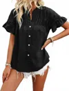 Trendsi Button Down Ruffled Short Sleeve Shirt In Black In Black