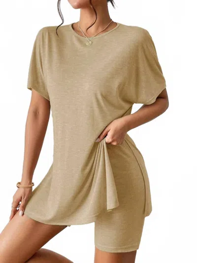 Trendsi Casual Round Neck T-shirt And Shorts Set In Khaki