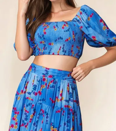 Trendsi Davi & Dani Smocing Bodice Puff Short Sleeve Printed Crop Top In Ocean Blue