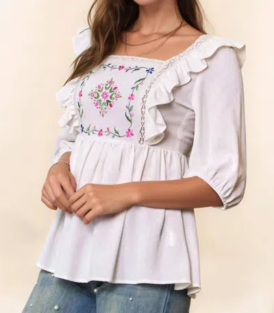 Trendsi Davi & Dani Texture Tie Back Floral Embroidery Frill Blouse In White